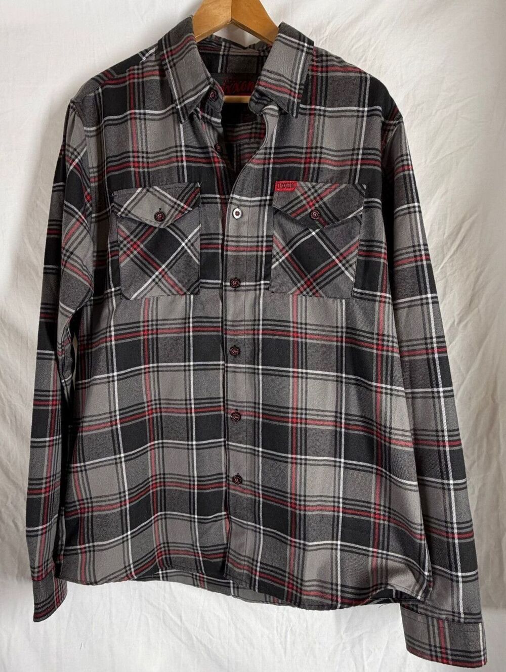 Dixxon Flannel Co Heritage Grey Red Plaid Flannel Shirt Size LT, 100% Polyester